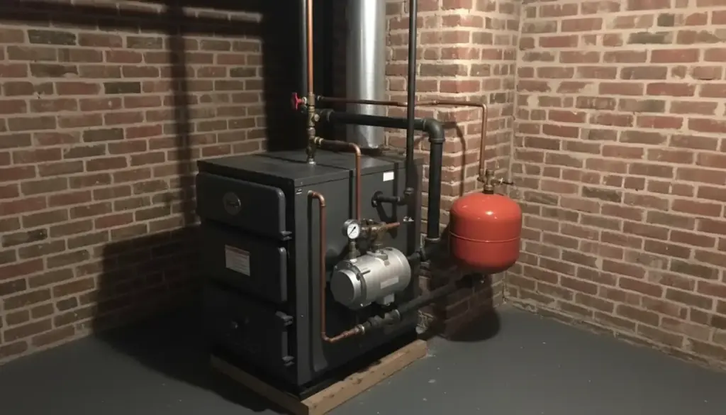 Cast-iron hot water boiler with circulator pump and red expansion tank in a brick basement