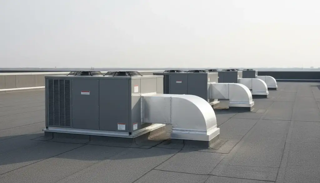 Packaged rooftop units with insulated ductwork lined up on a flat commercial roof