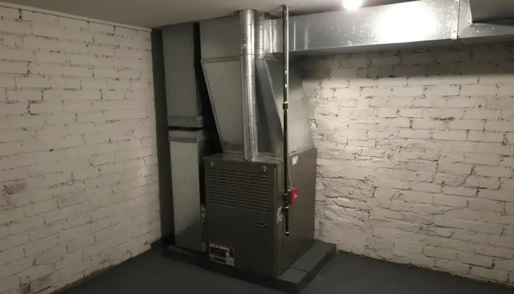 Gas furnace with its flue and supply plenum against a whitewashed brick basement wall