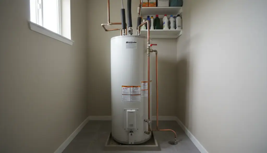Tank water heater with copper supply lines in a small utility room