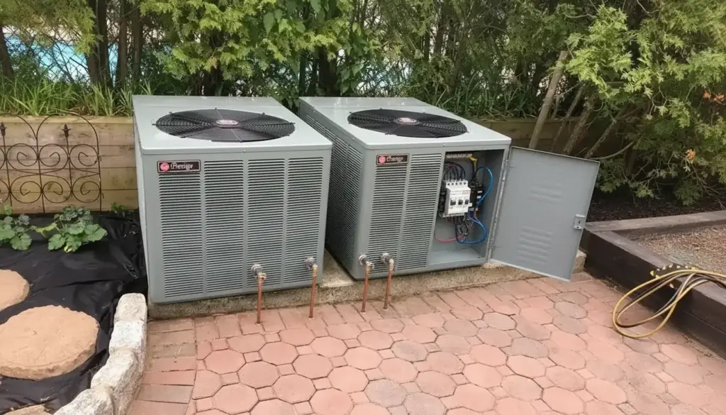Outdoor condenser on a patio with its electrical service panel opened for a tune-up